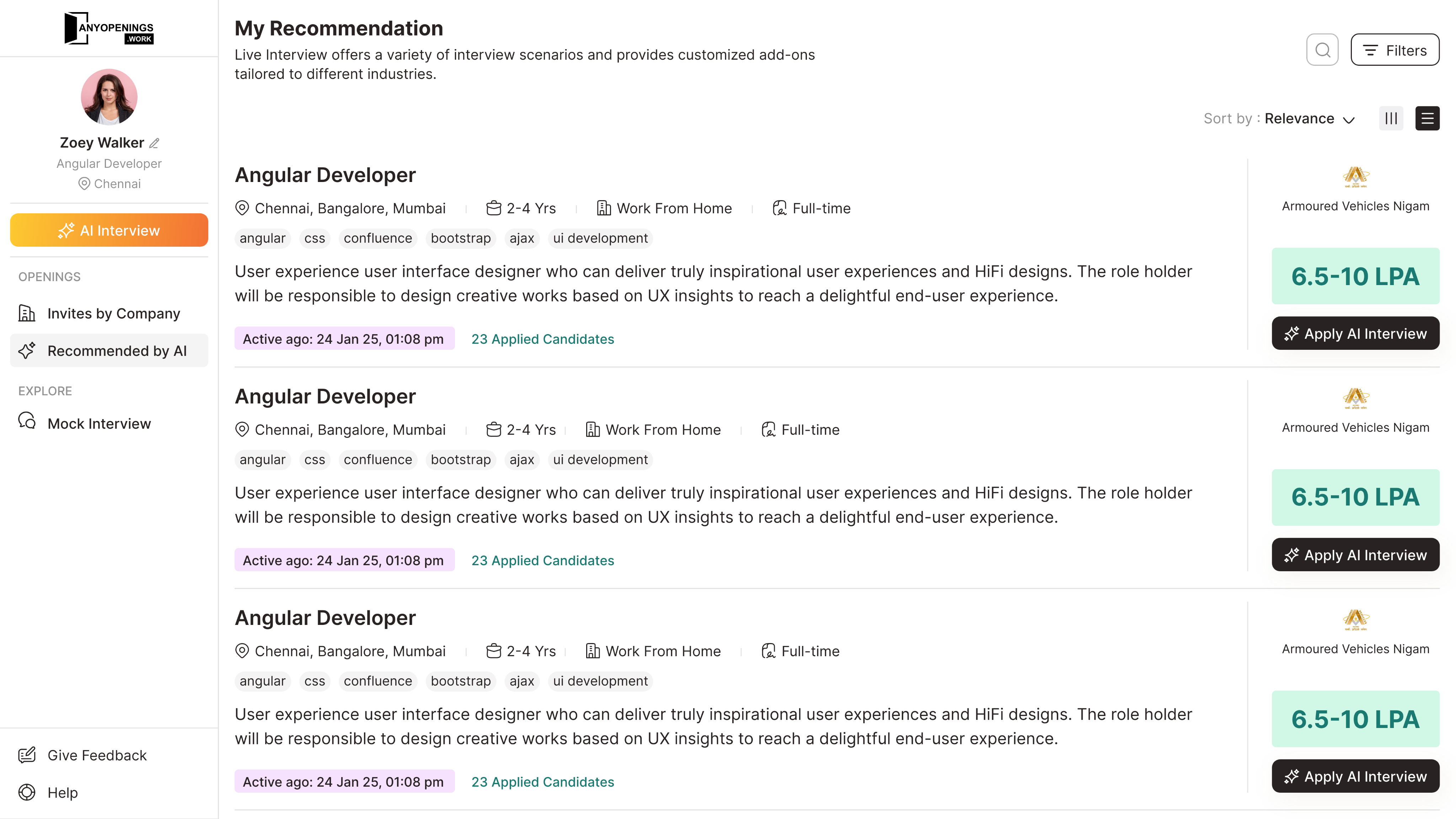 AI Job Recommendation dashboard preview